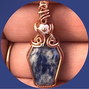 Wire Wrapped Blue Sodalite Coffin Pendant Necklace Handmade OOAK